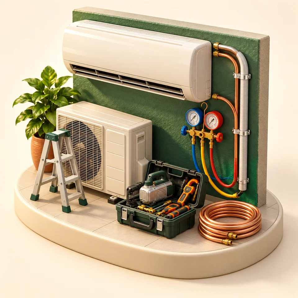 Ilustração 3D de equipamentos e ambiente de trabalho de técnicos de ar-condicionado
