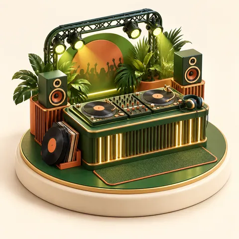 Ilustração 3D de equipamentos e ambiente de trabalho de djs