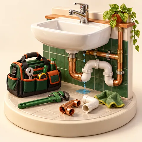 Ilustração 3D de equipamentos e ambiente de trabalho de encanadores