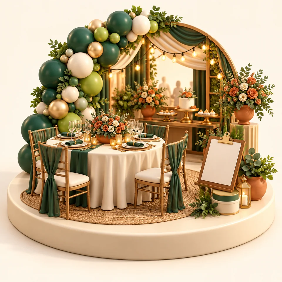 Ilustração 3D de equipamentos e ambiente de trabalho de decoradores e produtores de festas