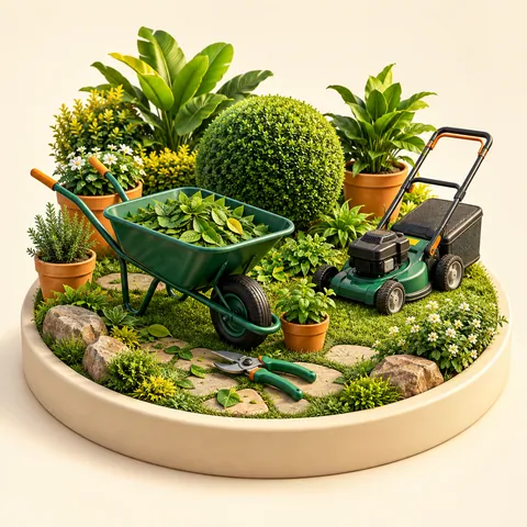 Ilustração 3D de equipamentos e ambiente de trabalho de jardineiros