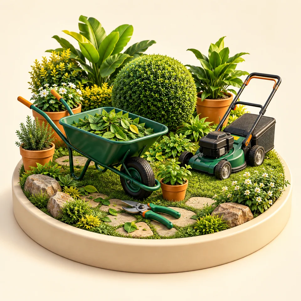 Ilustração 3D de equipamentos e ambiente de trabalho de jardineiros