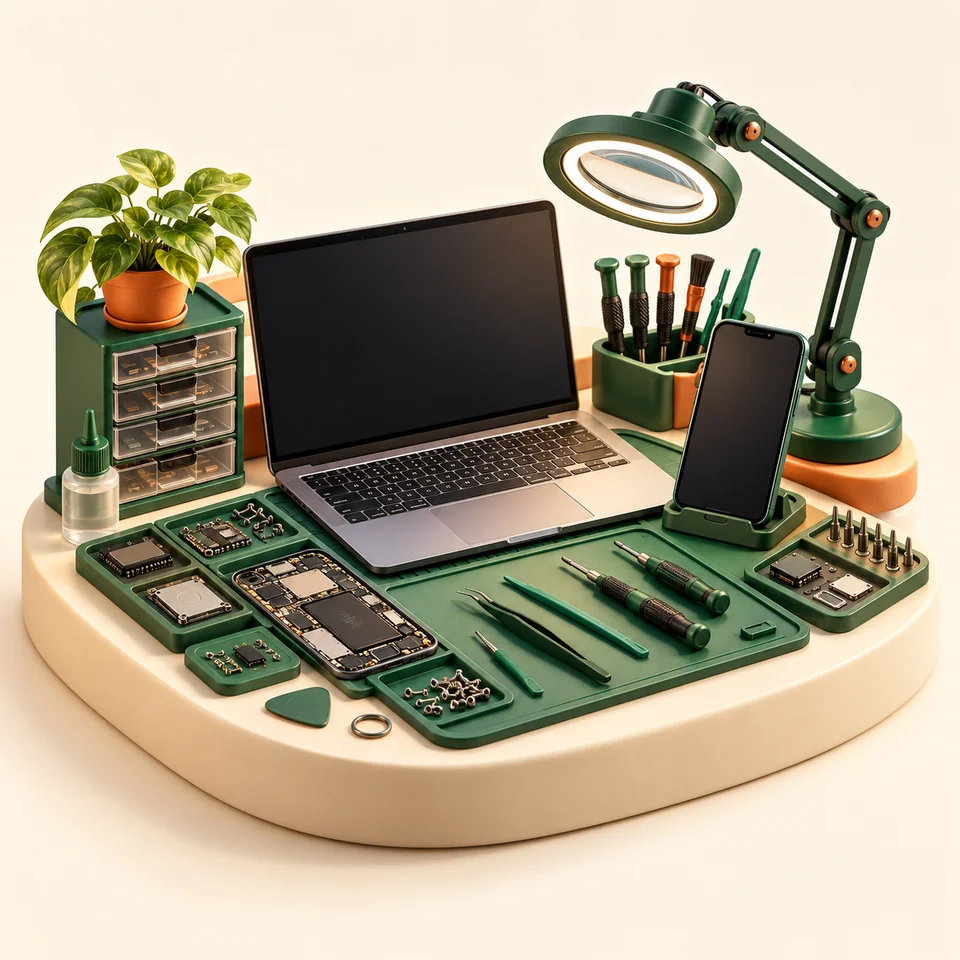 Ilustração 3D de equipamentos e ambiente de trabalho de técnicos de informática e celular